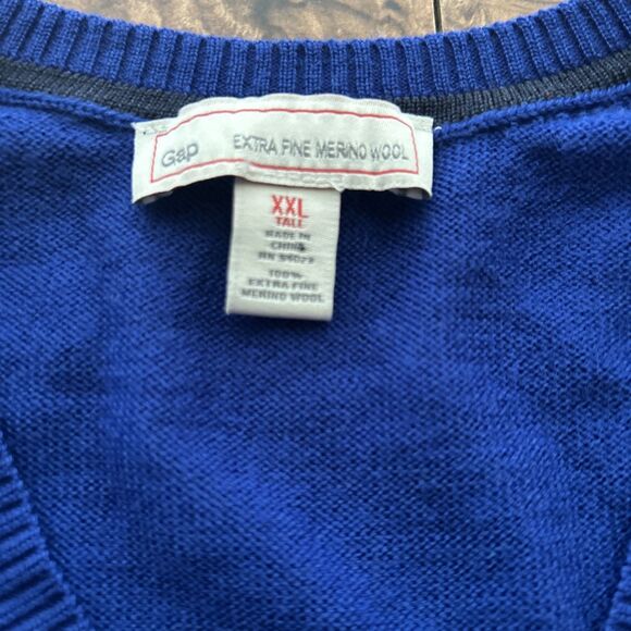 Gap Extra Fine Merino Wool Blue V-Neck Pullover Sweater Mens XXL Tall Preppy EUC - Picture 4 of 5